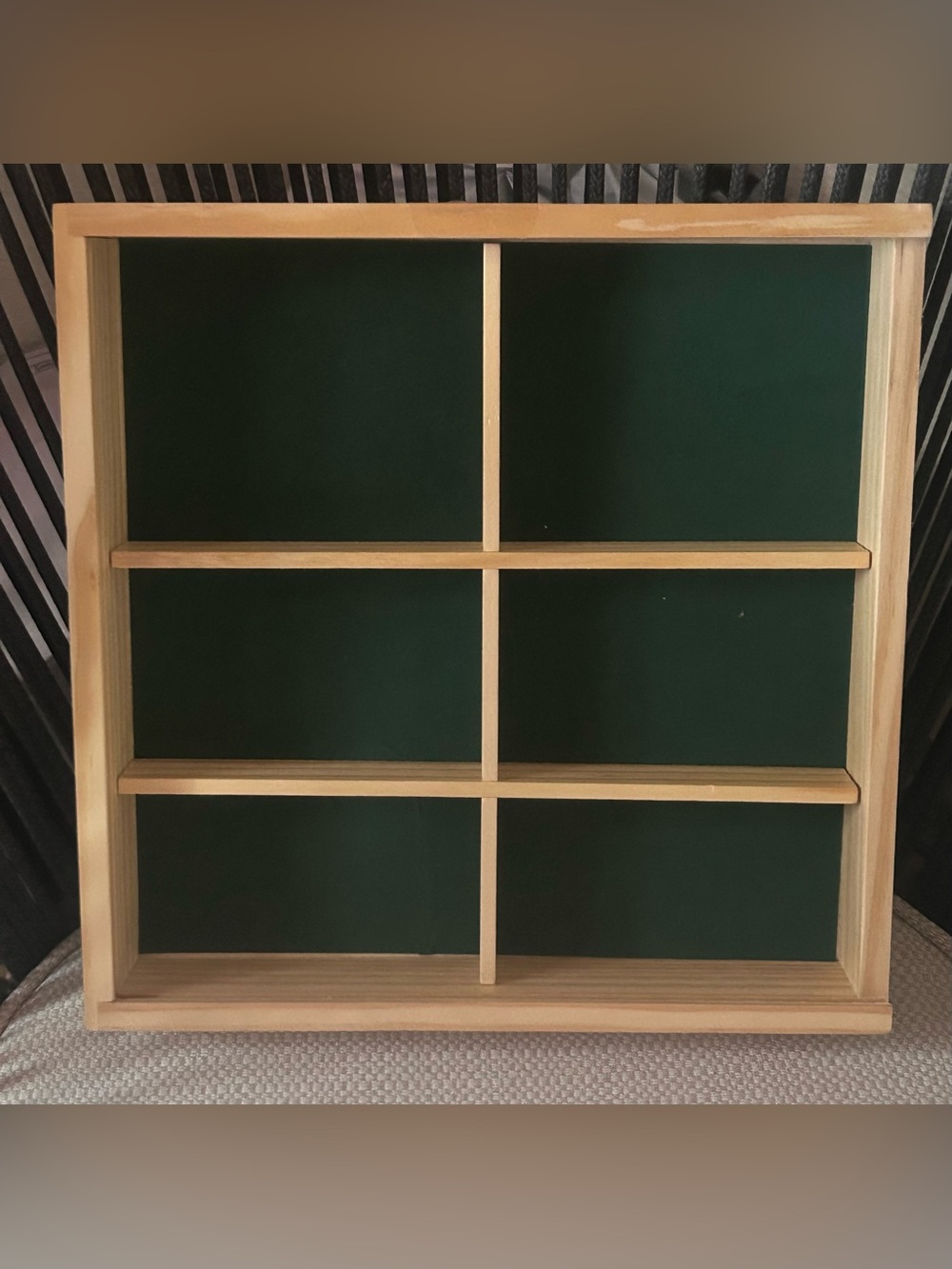 Wooden Display Shelf with Dark Green Backing